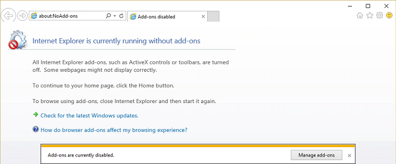 click Manage add-ons in the bottom | Fix Internet Explorer has stopped working error