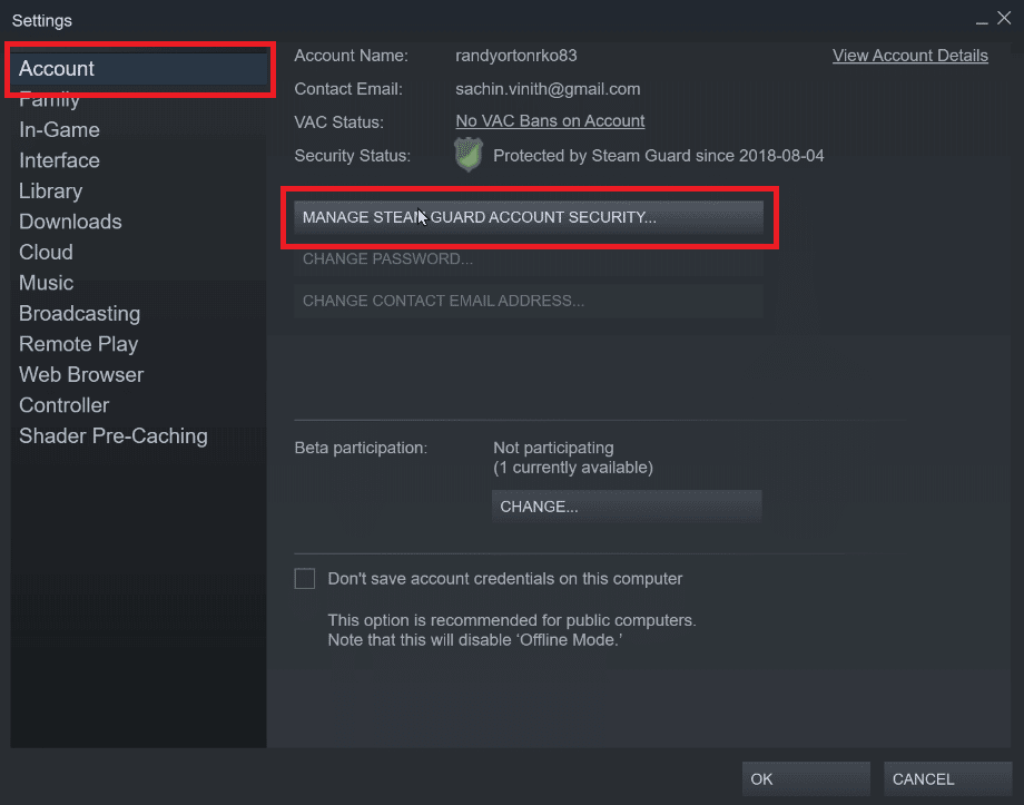 click account and click on manage steam guard account security. Fix Steam Error 26 on Windows 10