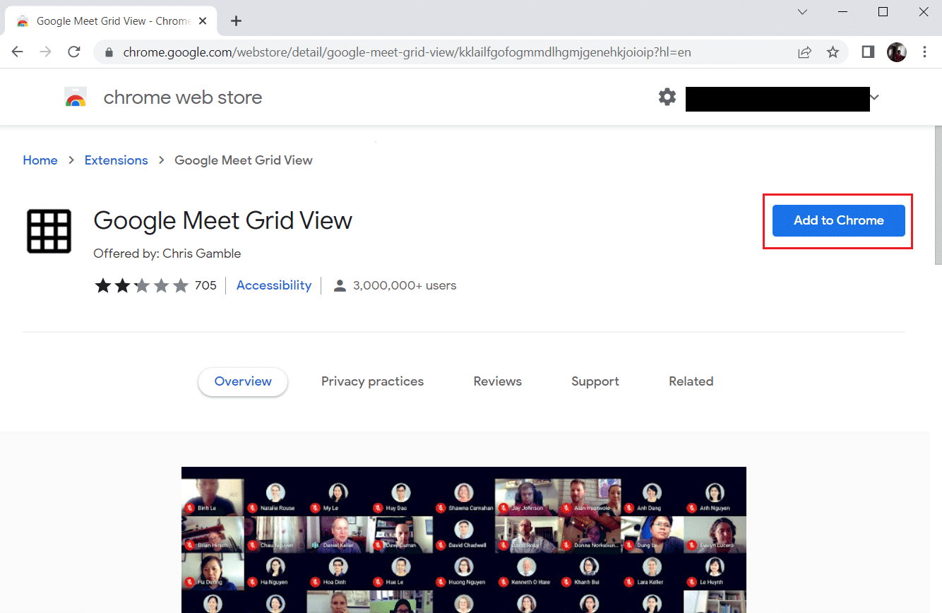 Click Add to Chrome and install the Google Meet Grid View Extension