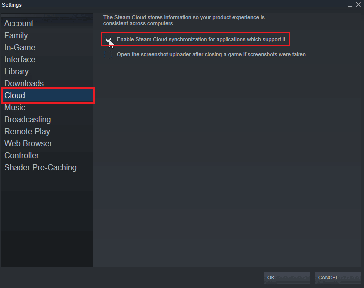 click cloud tab and click enable steam cloud synchronization