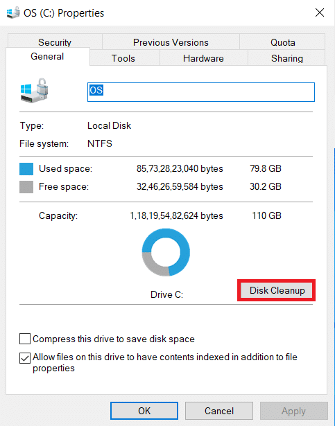 Click Disk Cleanup in the General tab