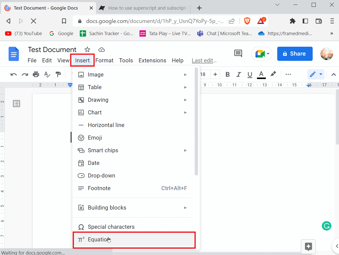 click insert and click on equation