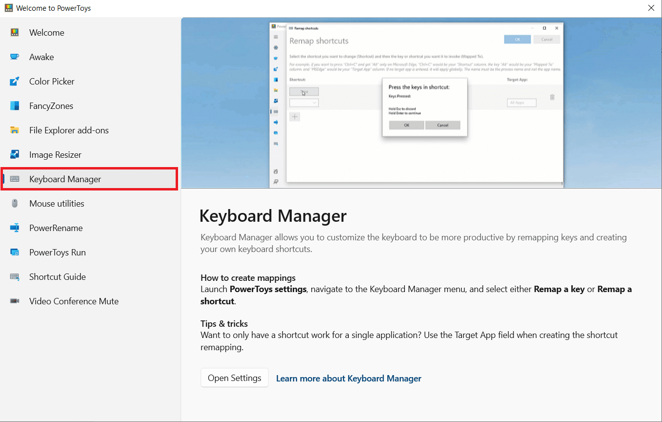 Click Keyboard Manager on the left pane 