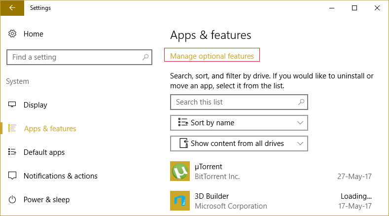 click manage optional features under apps & features