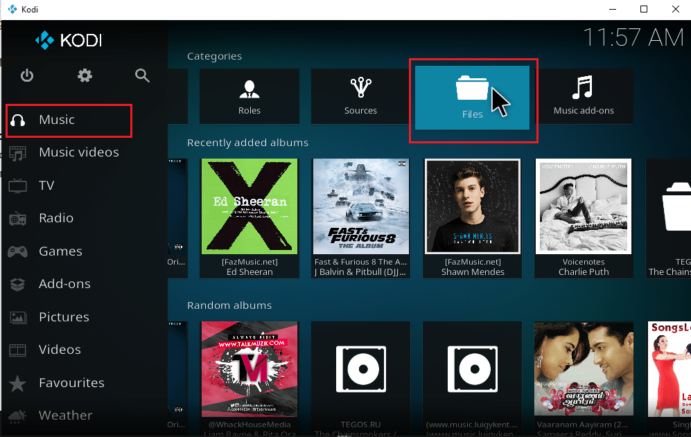 Click Music on the Kodi main menu and Select Files under categories