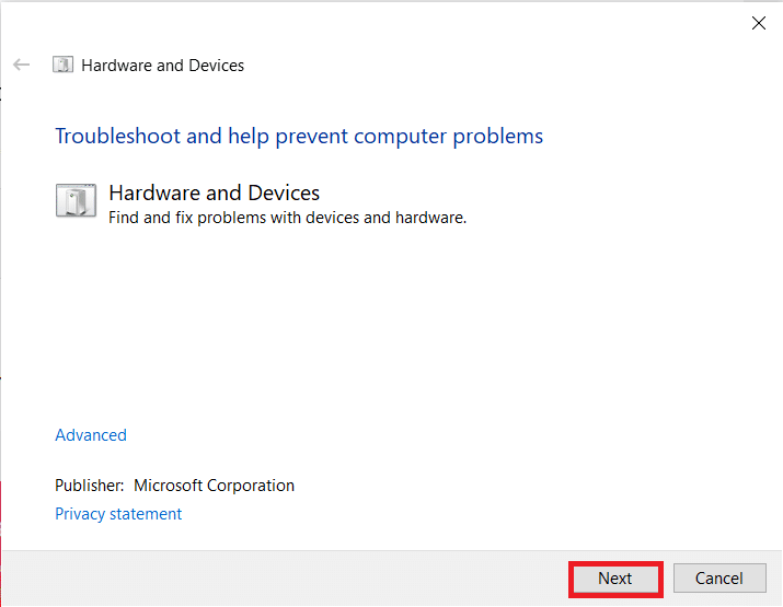 Click Next in the hardware and devices troubleshooter window