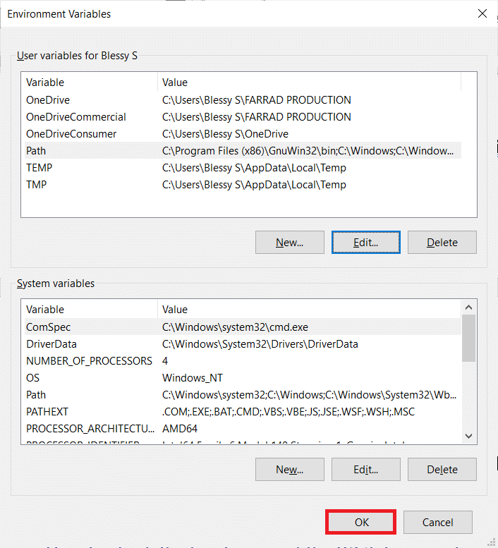 click OK in the Environmental variables window