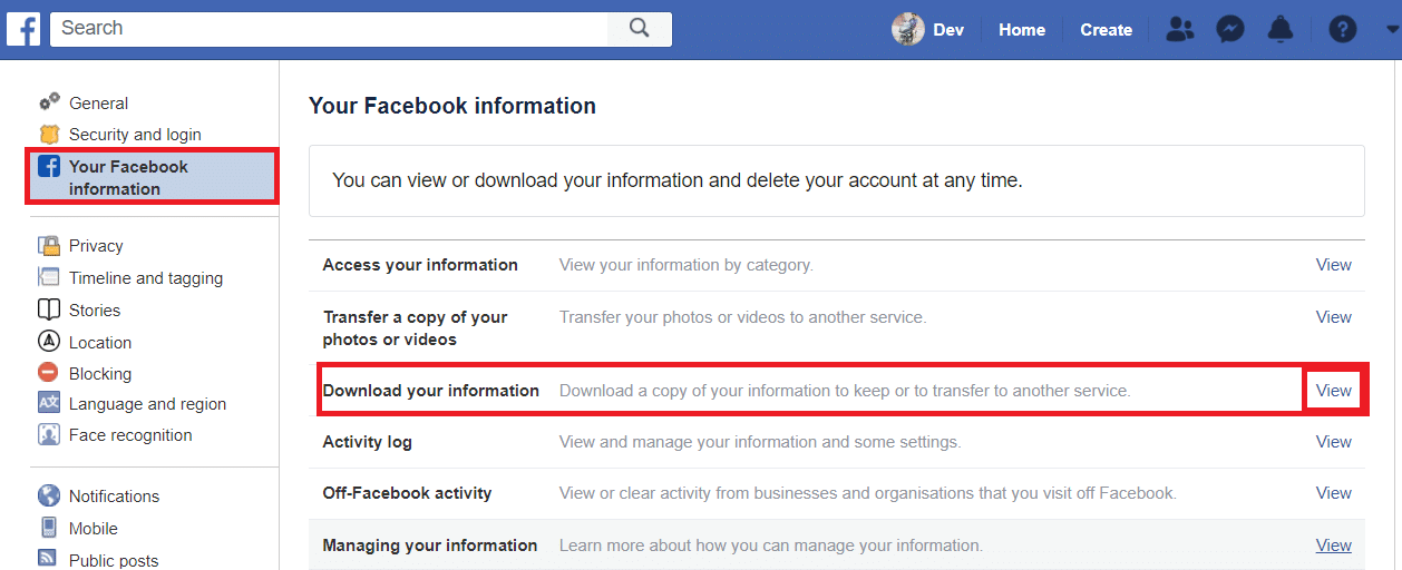 点击“您的 Facebook 信息”，然后点击“下载您的信息”选项下的查看。