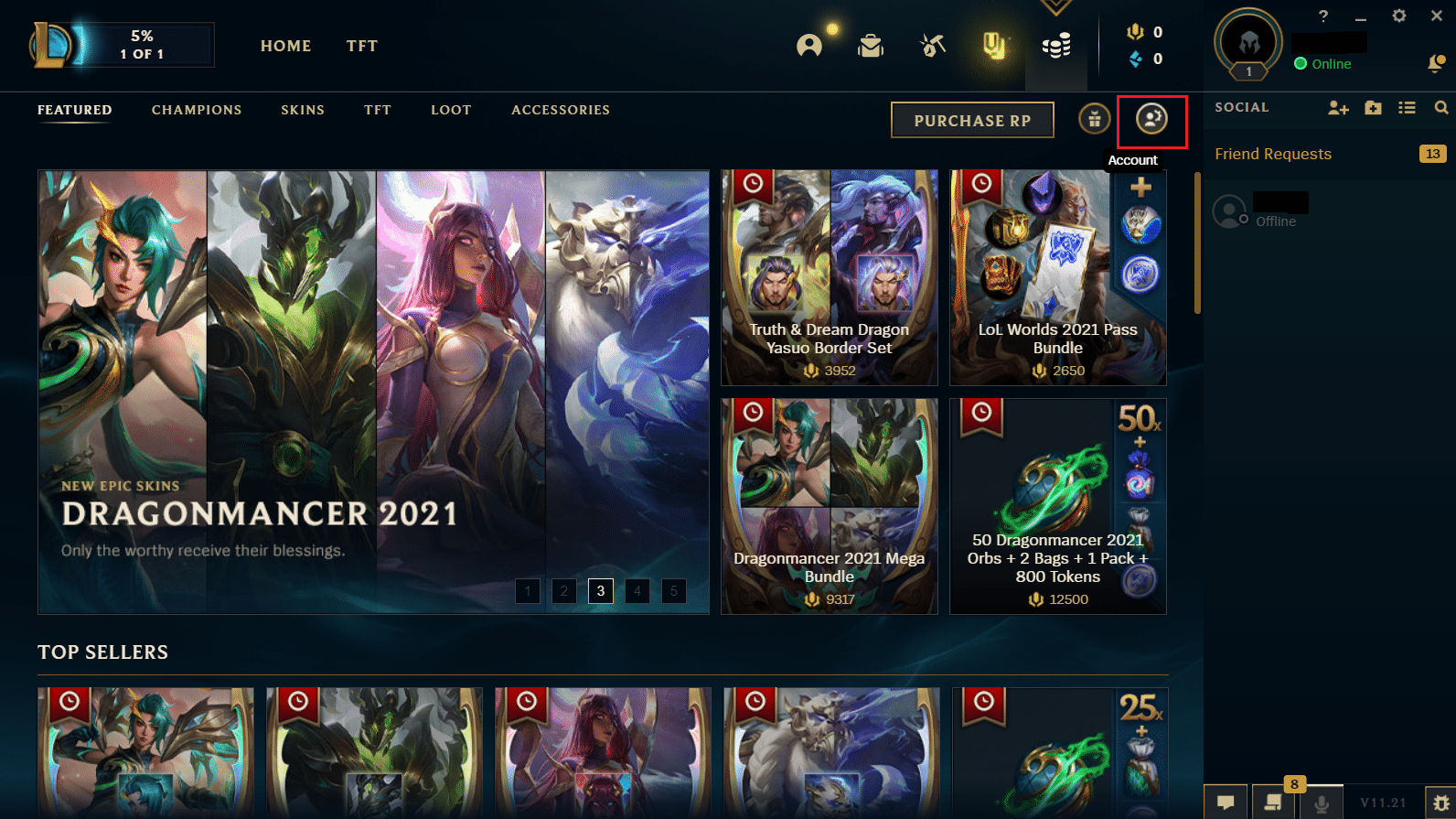 click on Accounts icon in Store menu in LOL