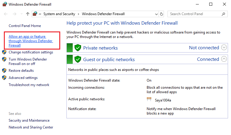 click on Allow an app or feature through the Windows Defender Firewall in windows defender firewall