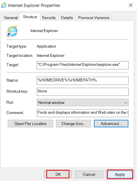 click on Apply and then OK to save changes to run Internet Explorer as an administrator