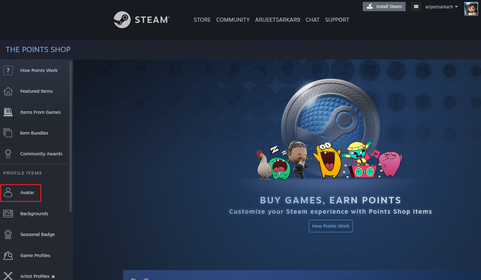 click on Avatar menu in the Points Shop page on Steam browser