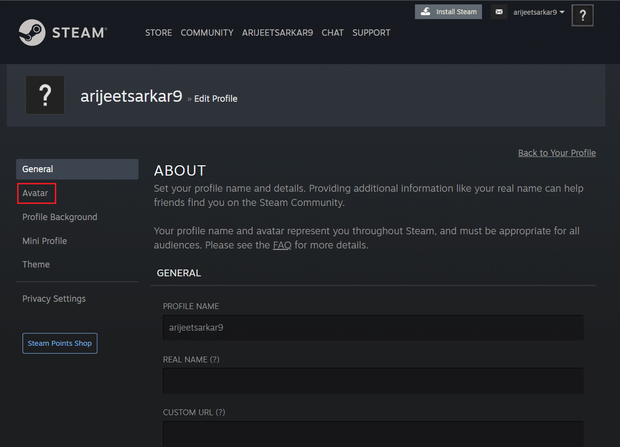 click on Avatar menu in the Steam profile edit page on Browser