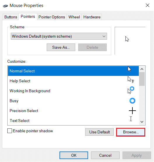 click on Browse button to manually select pointers in Mouse Properties Pointers tab