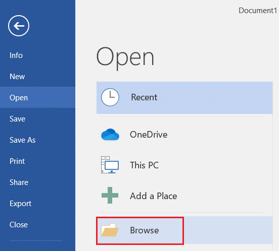 click on Browse option in Microsoft word File menu