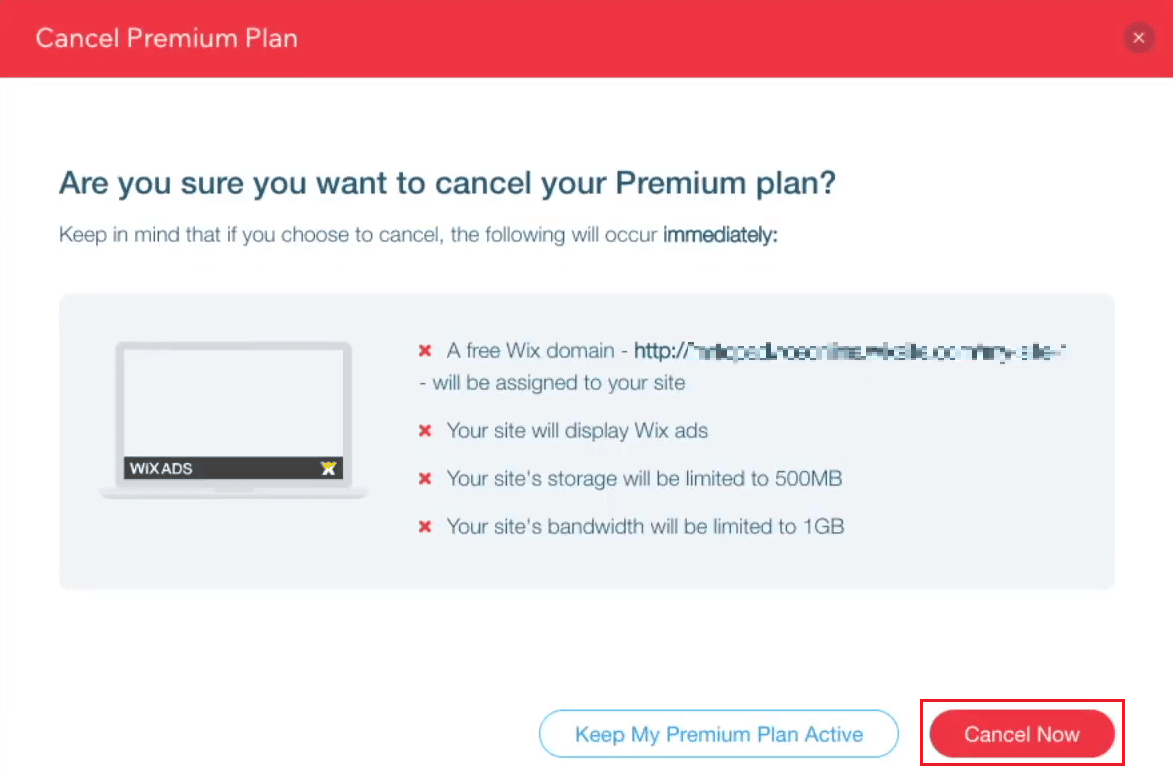 click on Cancel Now from the popup alert | How Do You Delete a Wix Account