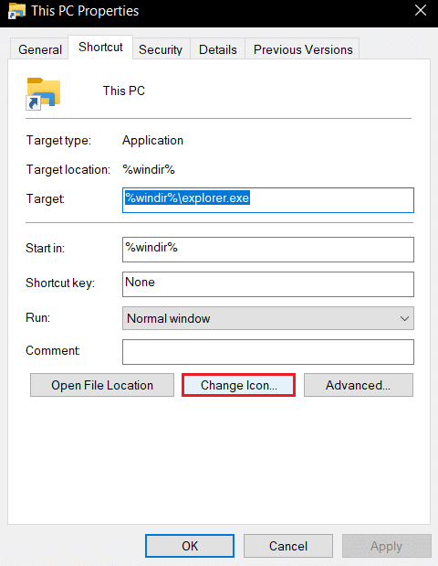 click on Change icon option in This PC shortcut properties