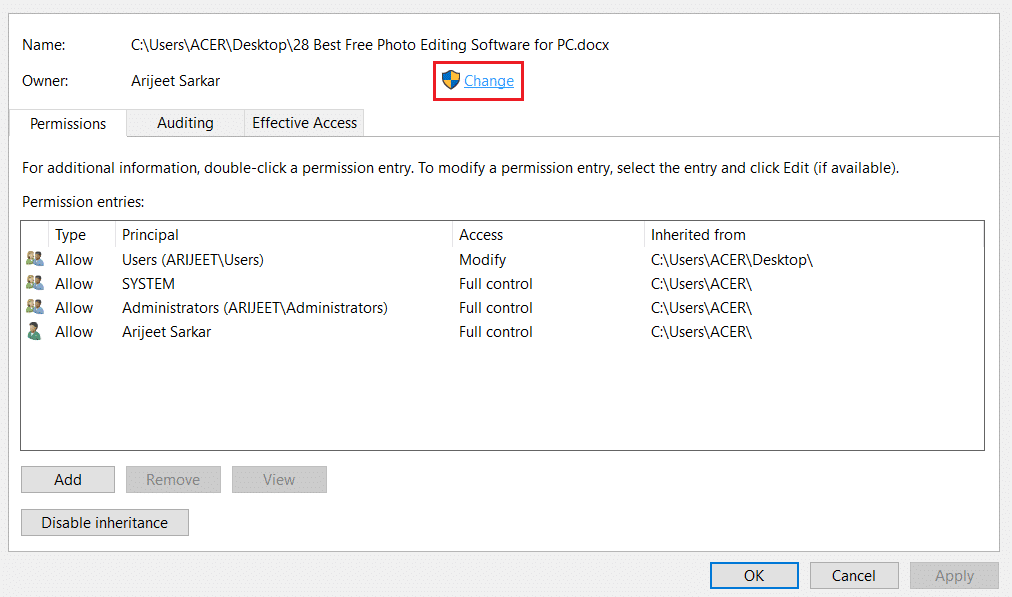 click on Change in Advanced Settings