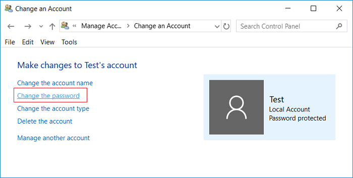 Click on Change the password under the user account