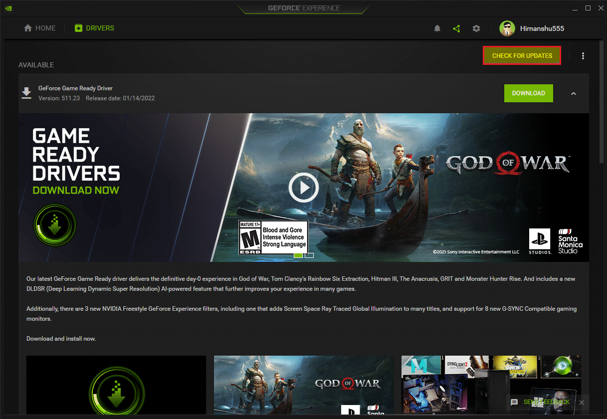 click on Check for updates button in geforce experience
