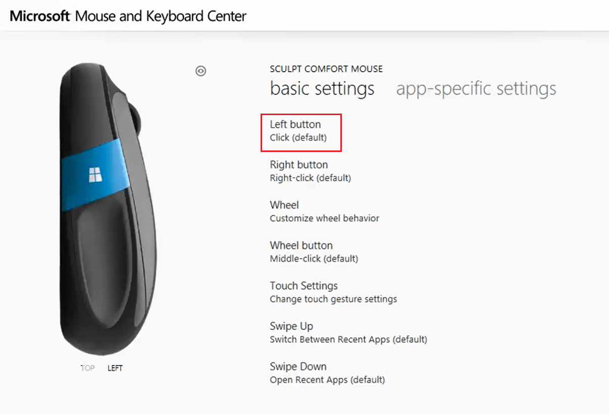 click on Click Default under left button in basic settings for Microsoft mouse and keyboard center