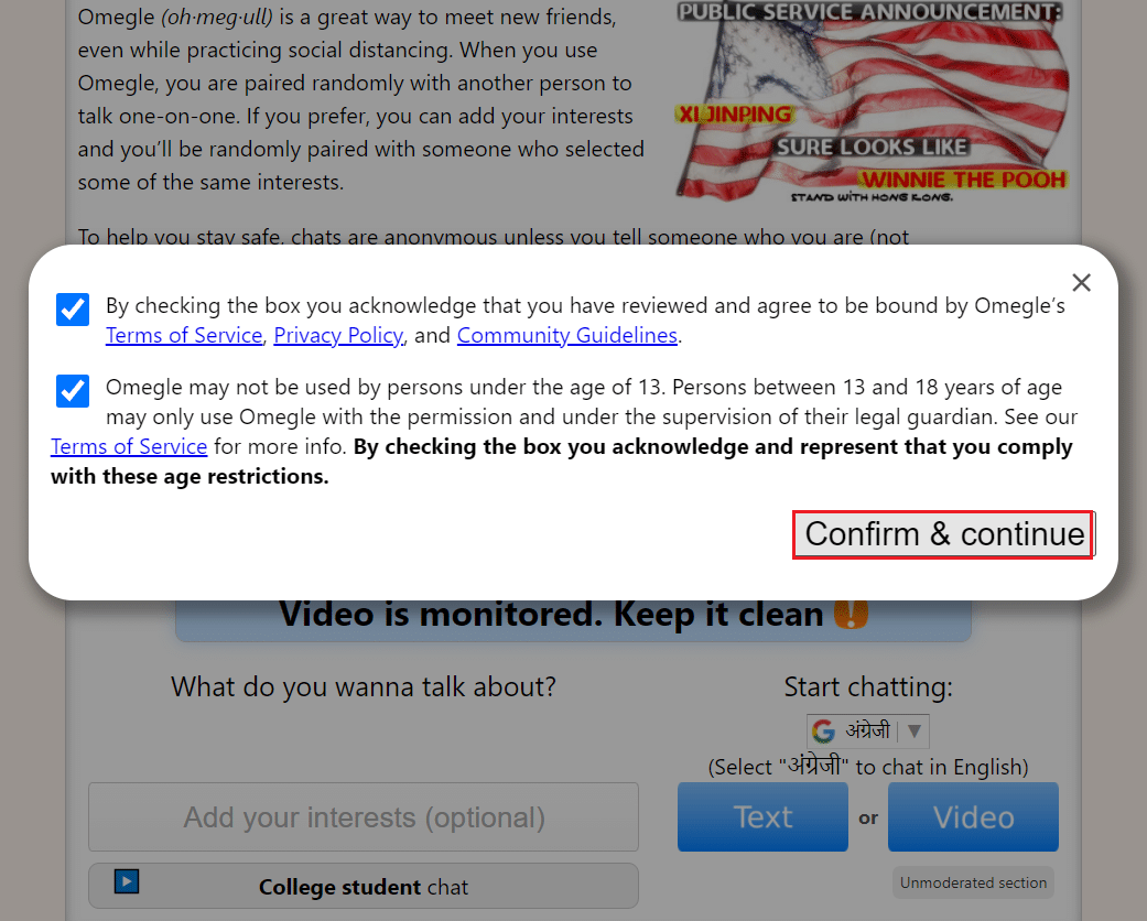 click on Confirm and Continue button in Omegle