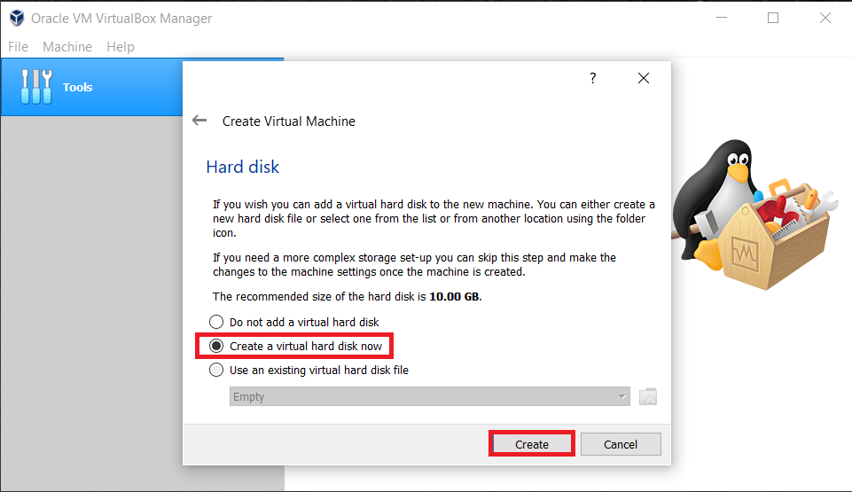 click on Create a new Hard Disk and then click on the “Create” option