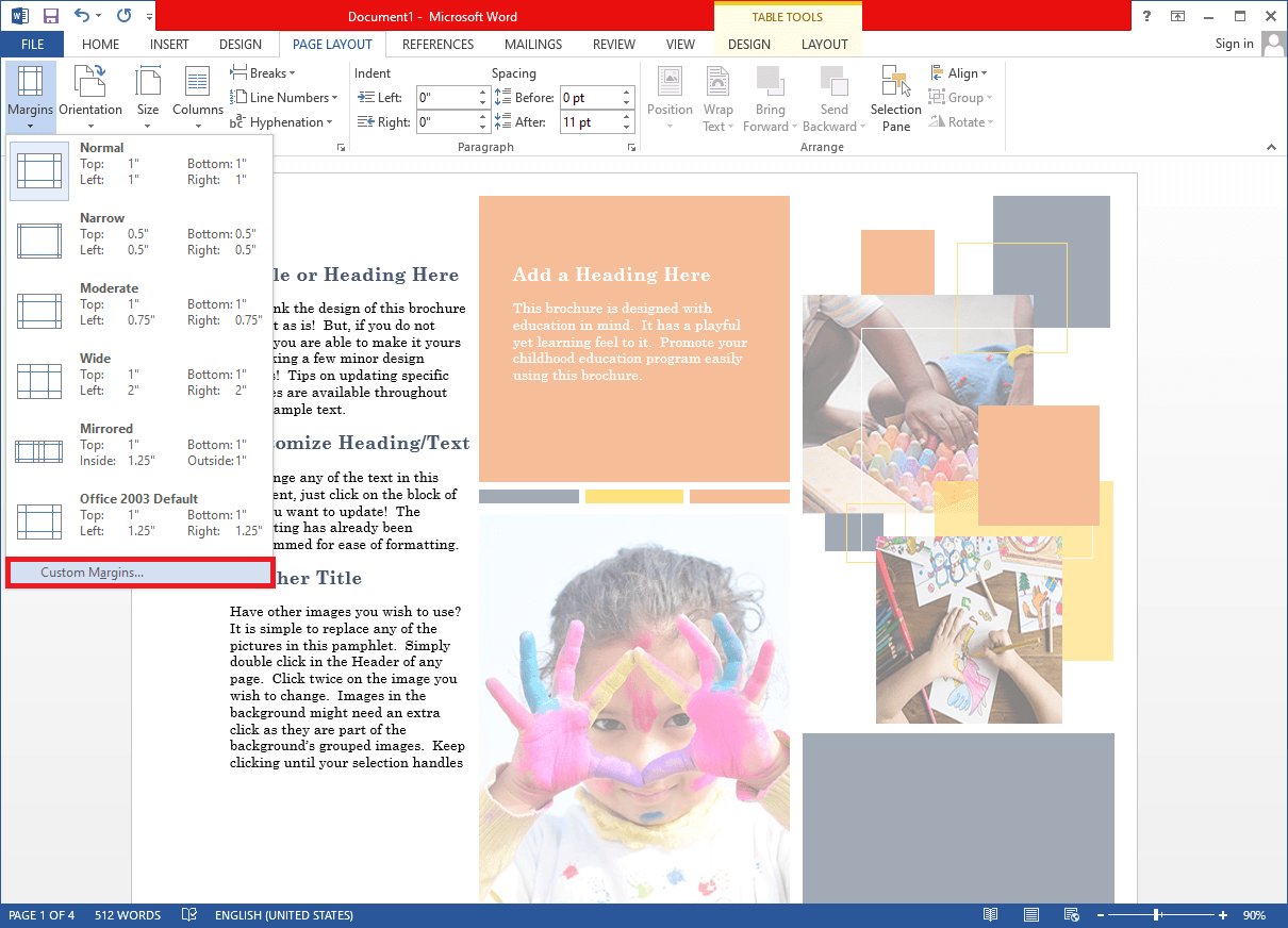 click on Custom Margins… at the end of the selection menu | Set Up 1 Inch Margins in Microsoft Word