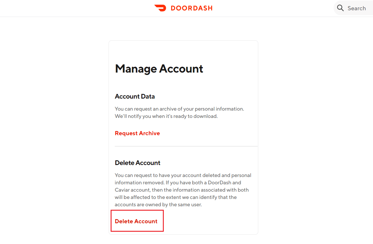 click on Delete Account | DoorDash deactivate account