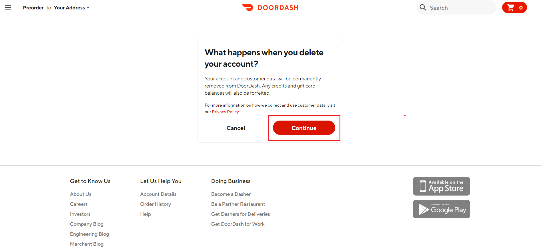 click on Delete option in DoorDash delete account page