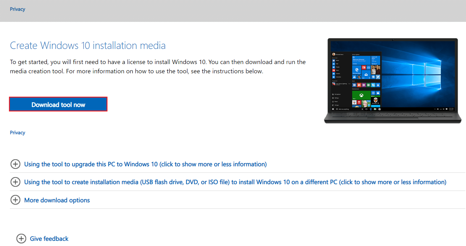 click on Download Now to download Windows Media creation tool in the download page