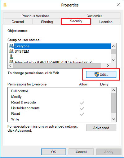 click on Edit button in Security menu of folder properties. Fix A Device That Does Not Exist Was Specified Error on Windows 10