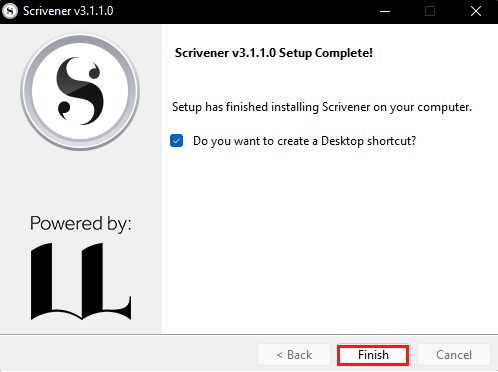 click on Finish after installing Scrivener