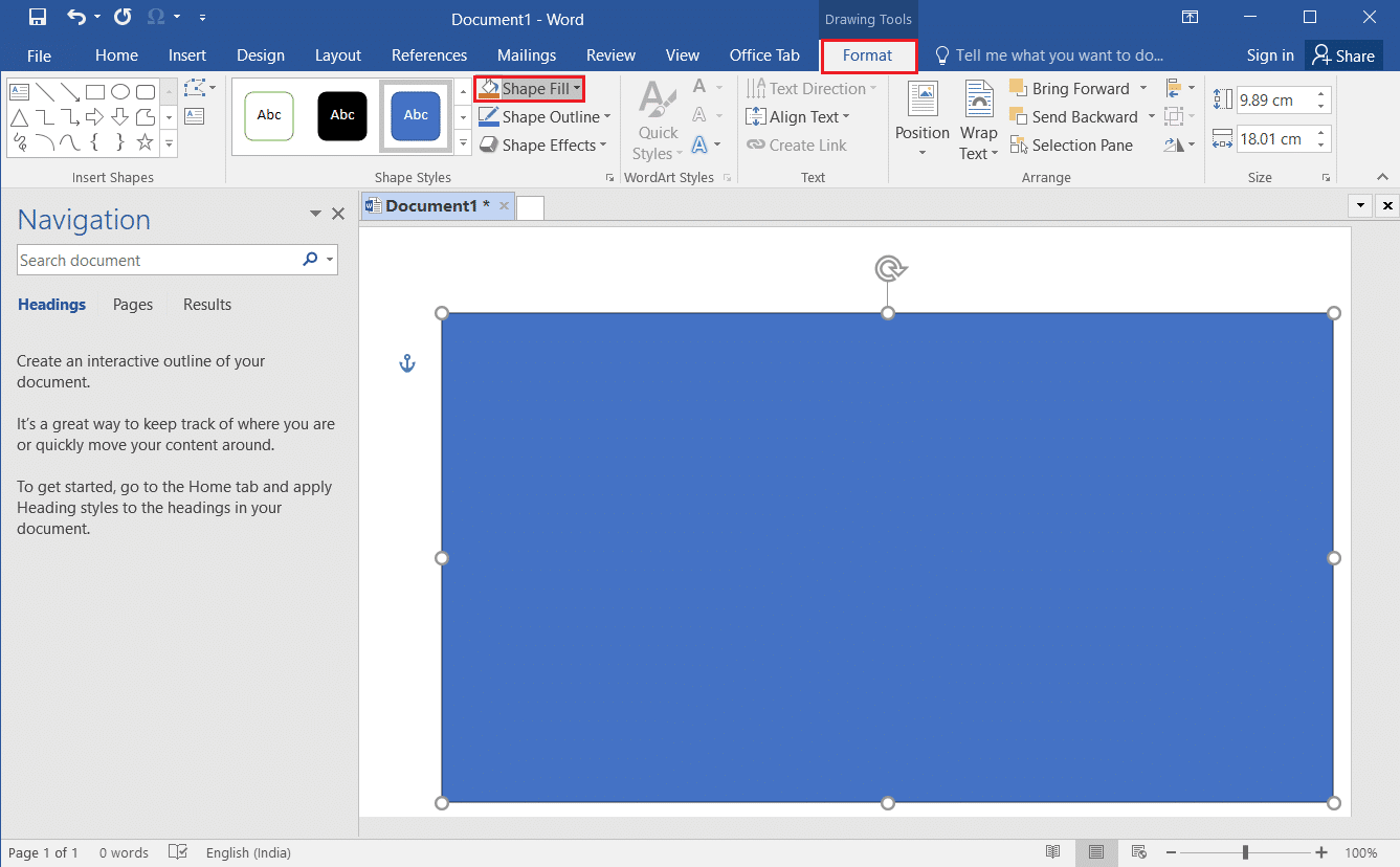 haga clic en la pestaña Formato y haga clic en la opción Relleno de forma en MS Word