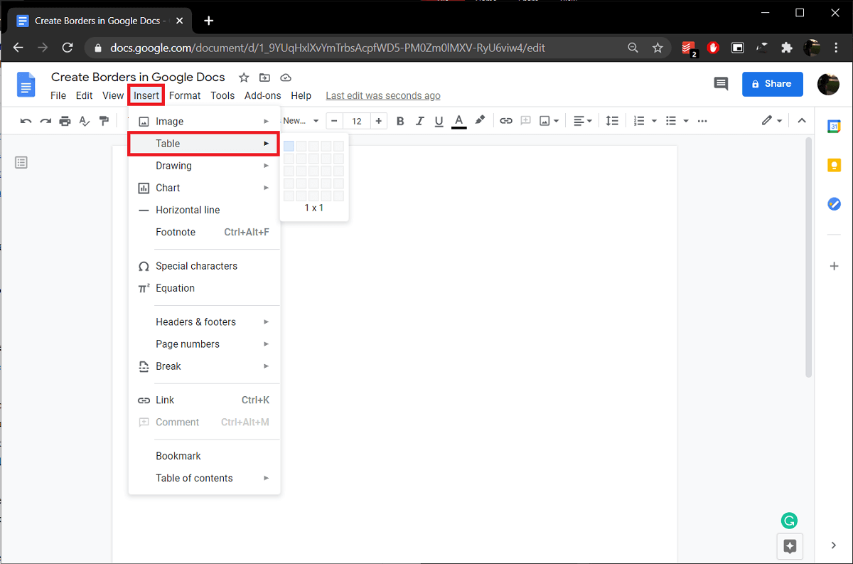 click on Insert and select Table. | How To Create Borders In Google Docs?