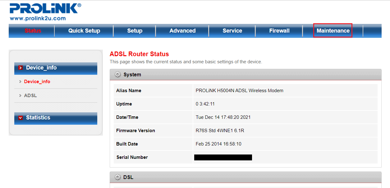 click on Maintenance in the prolink router settings