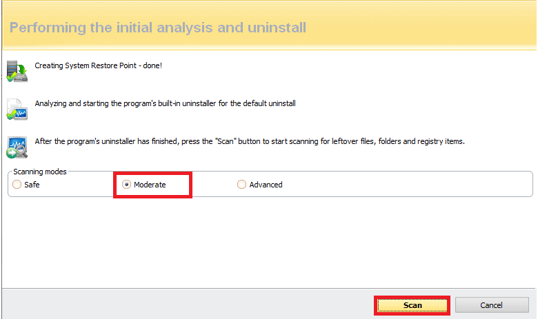 click on Moderate and click the Scan in Performing the initial analysis and uninstall windows in Revo Uninstaller