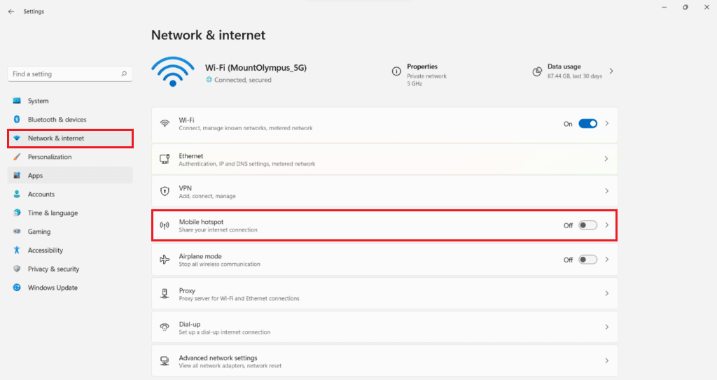 click on Network and internet menu and select Mobile hotspot option in Windows 11