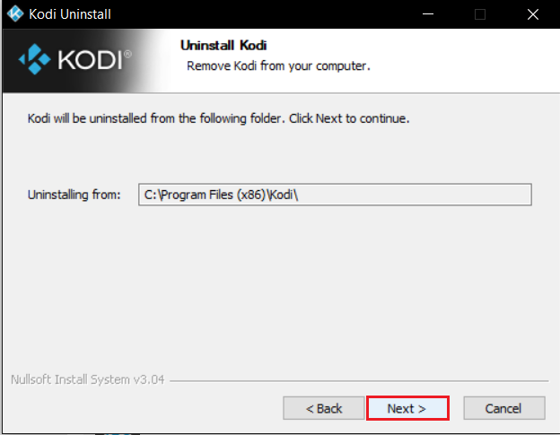 click on Next in the the Kodi uninstall wizard after selecting the installed location. Fix Kodi Update Failed