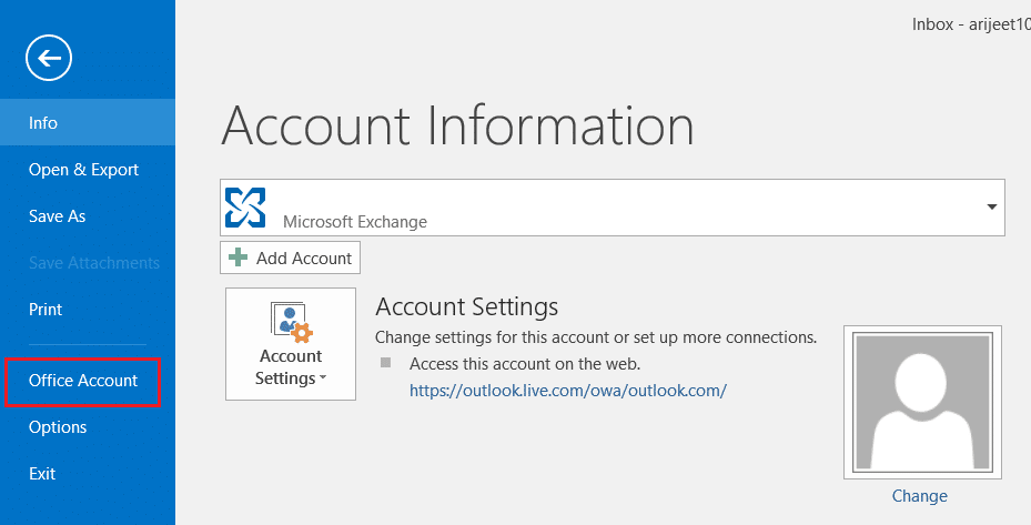 click on Office Account menu in the File tab Outlook