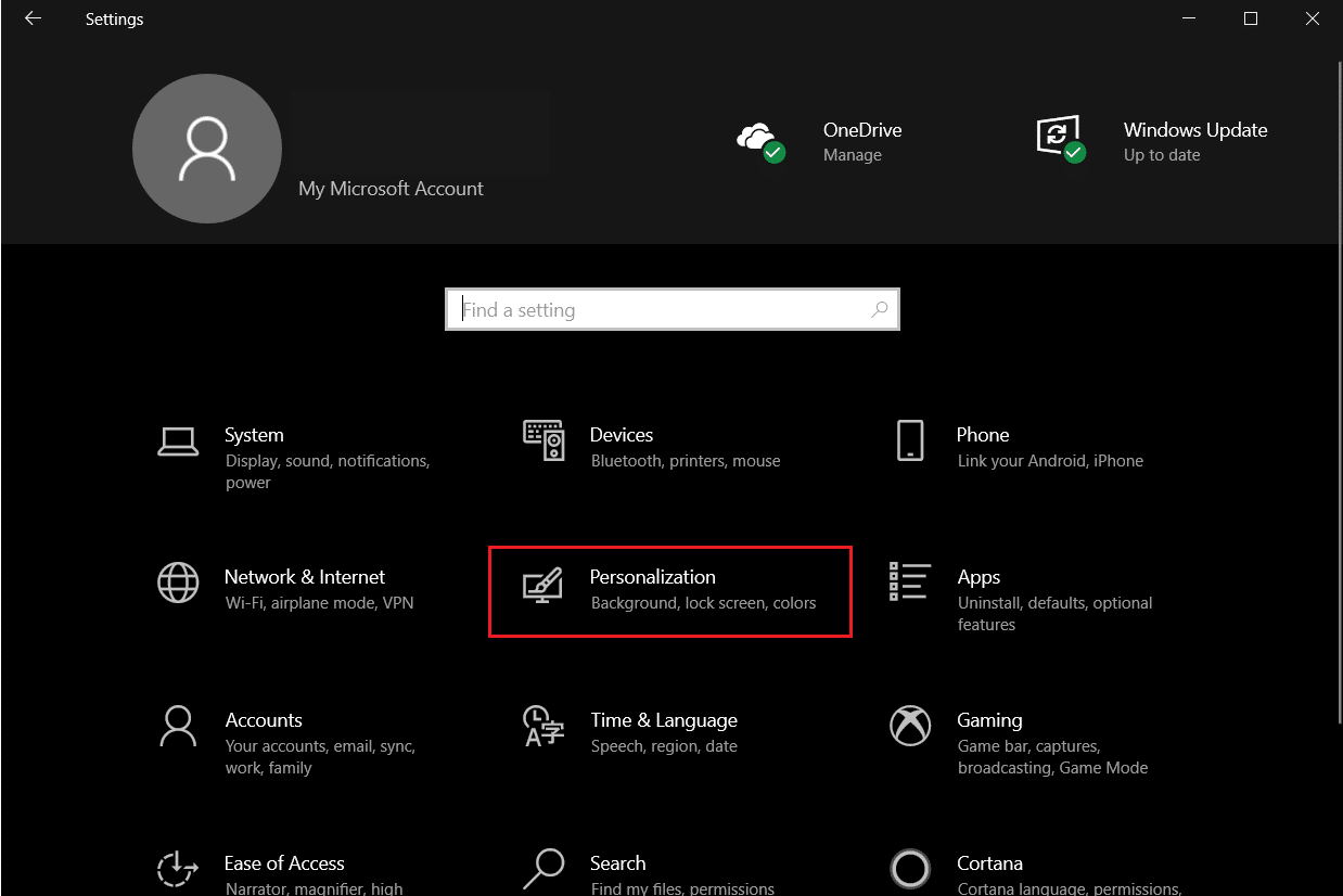 click on Personalization from the Windows Settings