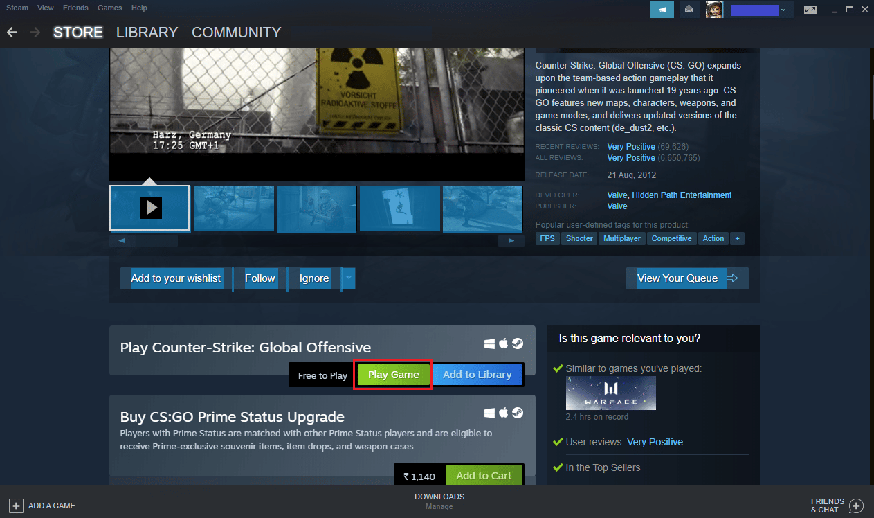 нажмите «Играть в игру» на странице CS GO в Steam.