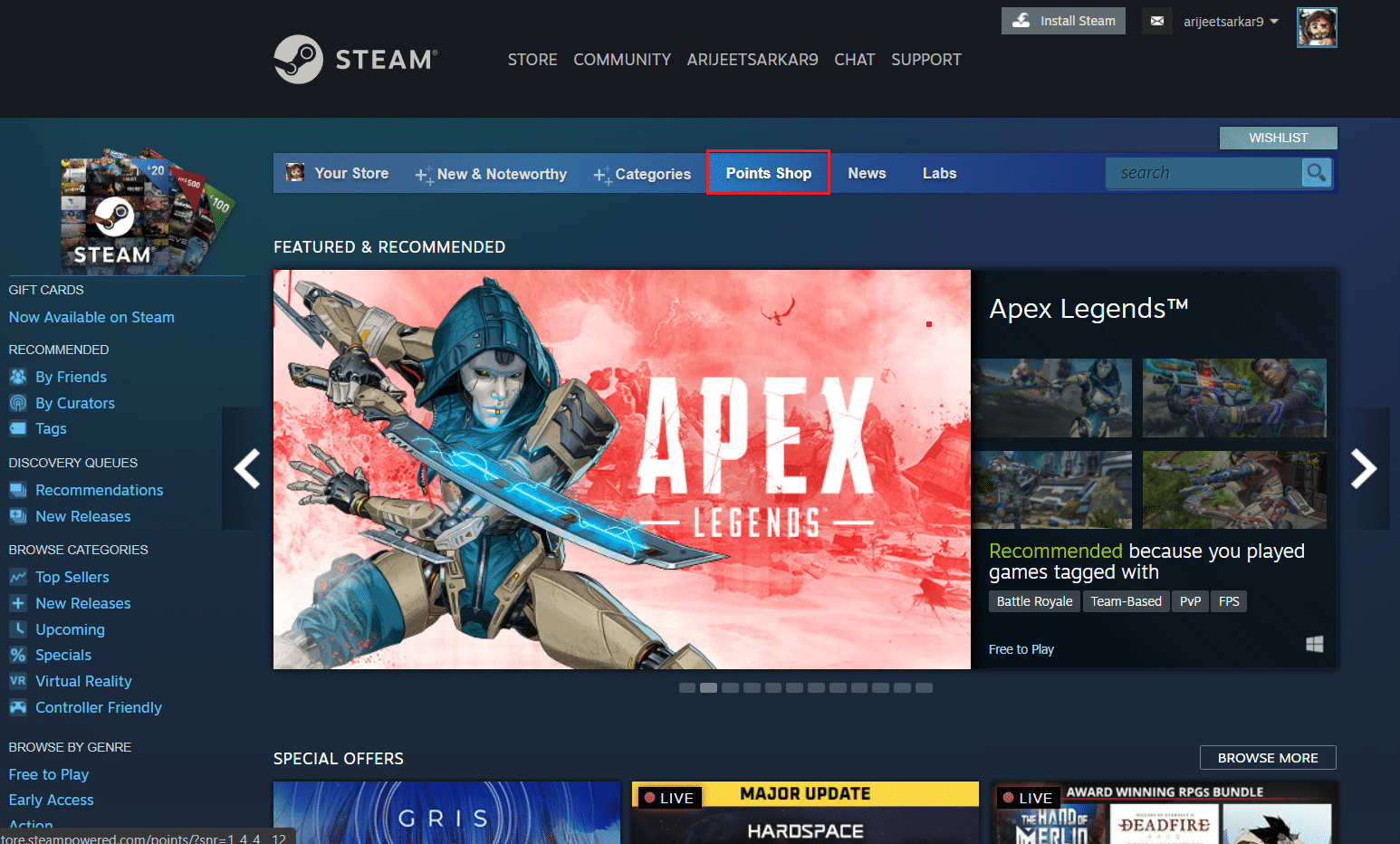 click on Points Shop button in the Steam Store page on browser