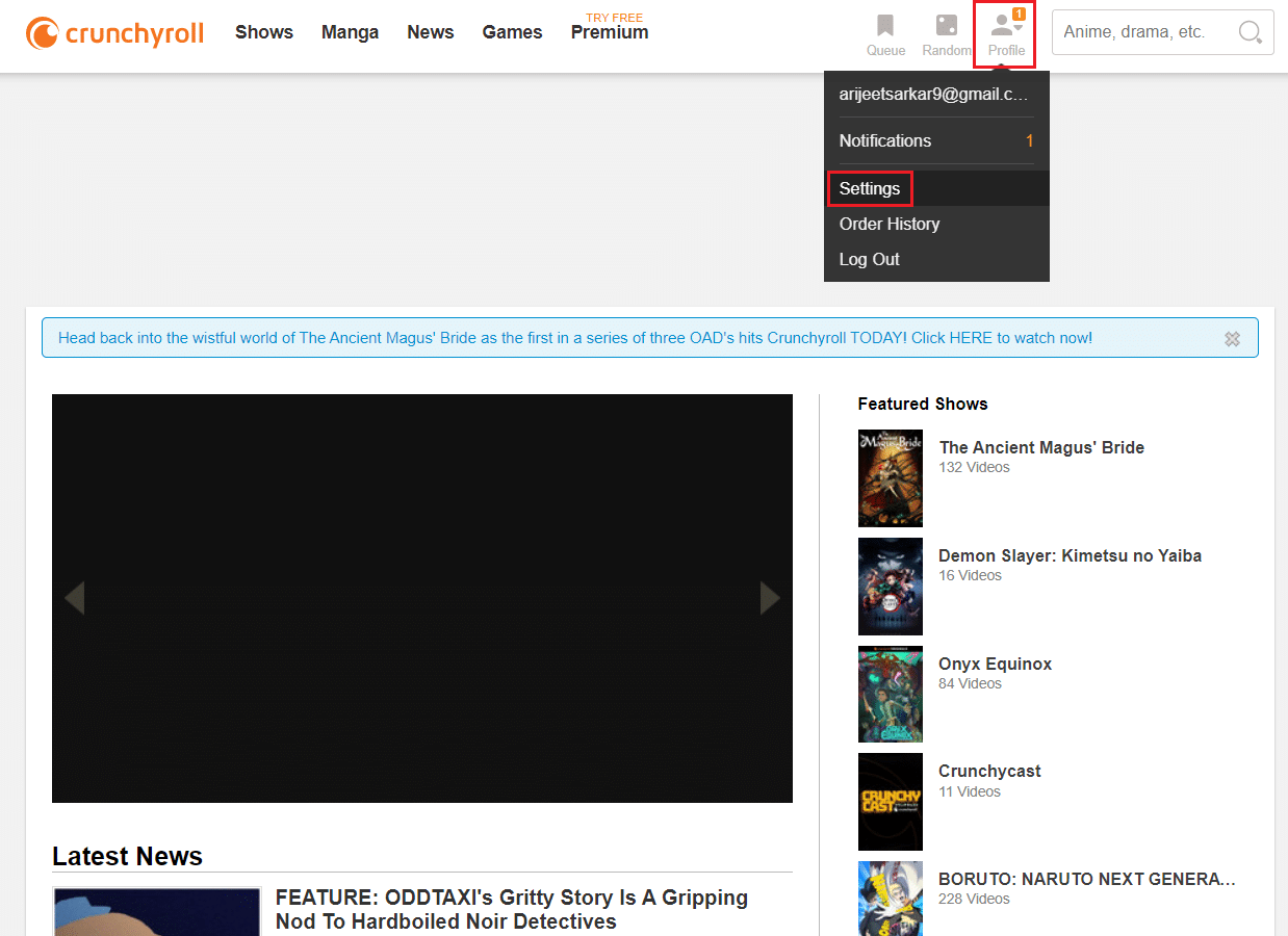 click on Profile icon then select Settings in Crunchyroll homepage. How to Fix Crunchyroll Not Working