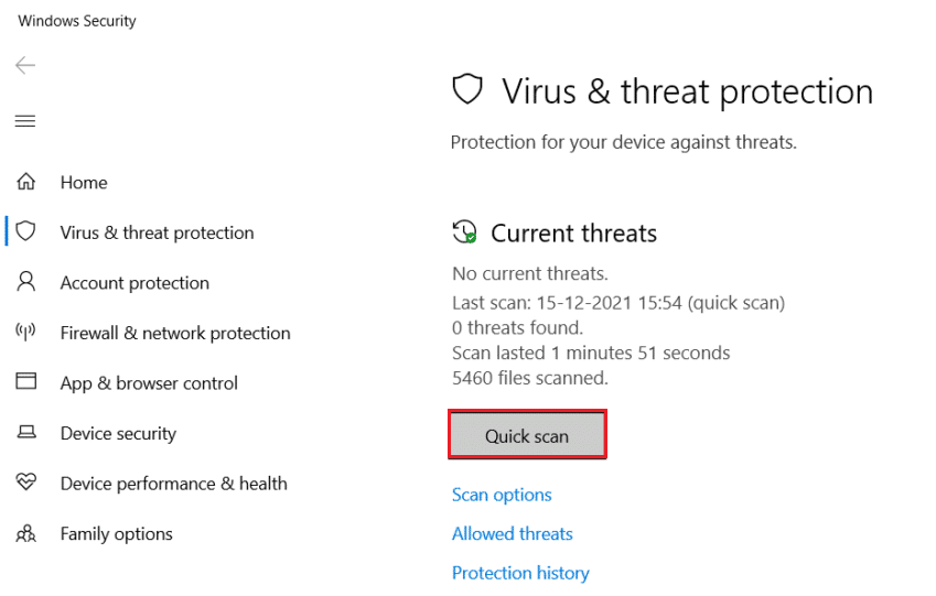 Virus နှင့်ခြိမ်းခြောက်မှုကာကွယ်ရေးမီနူးရှိ Quick scan ကိုနှိပ်ပါ။ Windows 20 ကို ပိုမြန်အောင် ပြုလုပ်နည်း 10