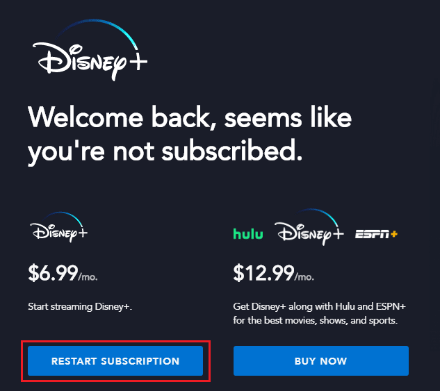click on RESTART SUBSCRIPTION | How to Update Disney Plus Account