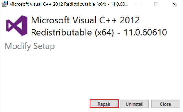 click on Repair button to repair Microsoft Visual C plus plus 2012 Redistributable package