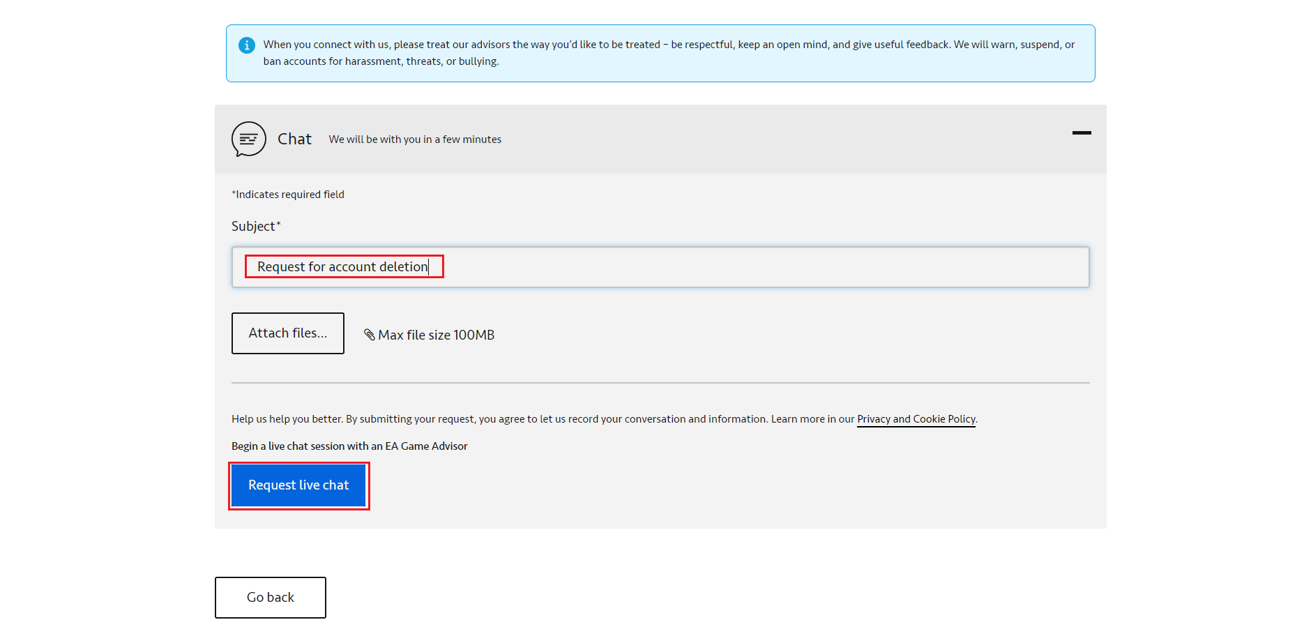 click on Request live chat option