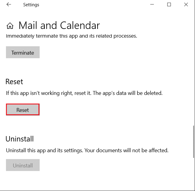 click on Reset option in Mail and Calendar app settings