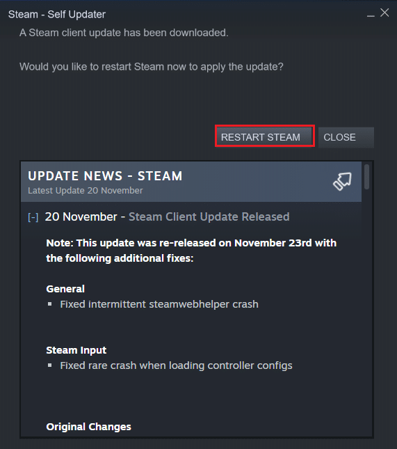 click on Restart Steam to apply update